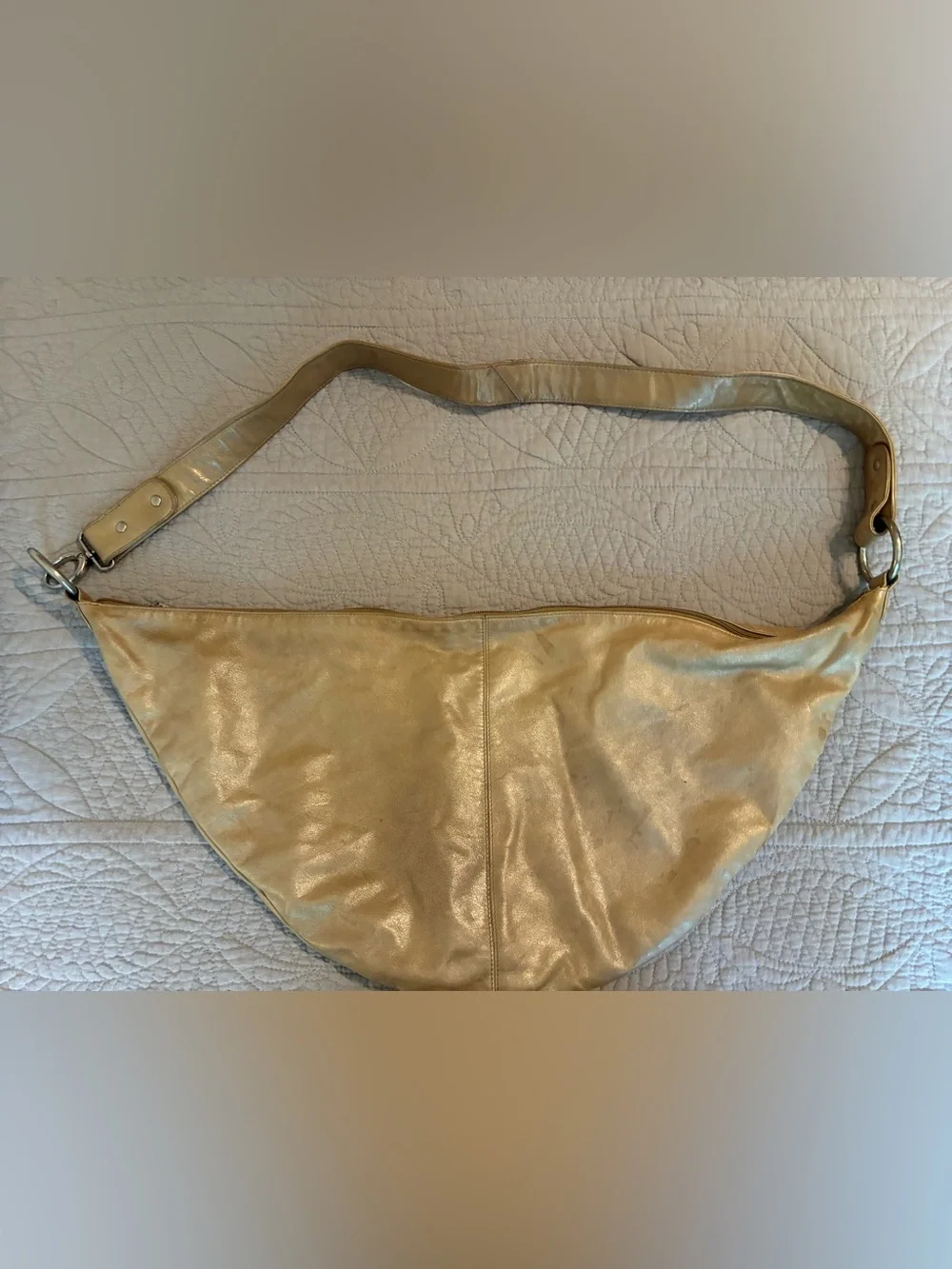 HOBO Metallic Gold Crescent Leather Hobo Bag